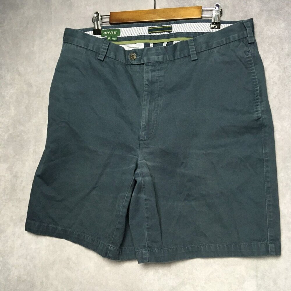 Orvis Mens Khaki Shorts size‎ 36 Blue Flat Front Pockets Cotton Twill